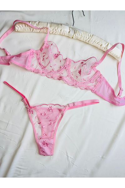 ROZENİN LINGERIE Set sutien din tul fără cupă cu sârmă florală roz pudrat (SUTIEN TANGA)