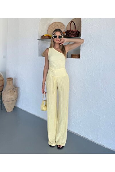 NATUFIAN STORE Women's Seersucker Single Sleeve Blouse Pants Set