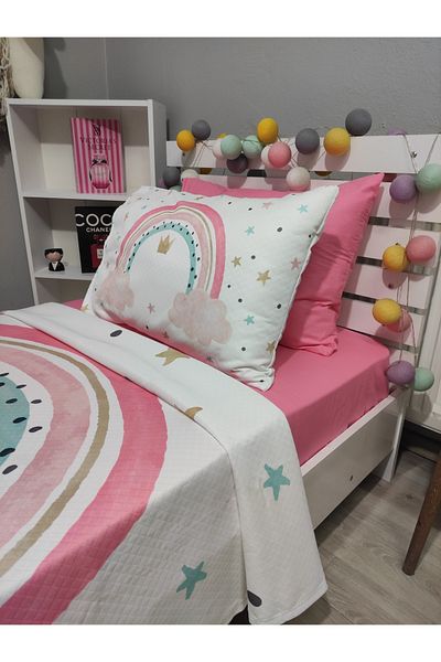 yok yok evim eve dair her şey 4 Pcs Rainbow (100% Cotton 120X200 Fitted Sheet)Single Pique Bedspread Set