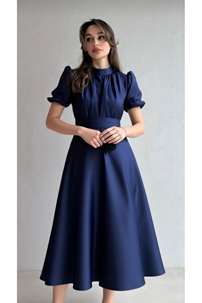 Sheeny Nil Lacivert Kloş Etek Kısa Kol Midi Boy Saten Abiye Elbise Lacivert