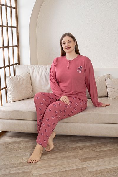 Alcteks Large Size Pink Patterned Women's Pajamas |   100% Cotton, Long Sleeve Comfort