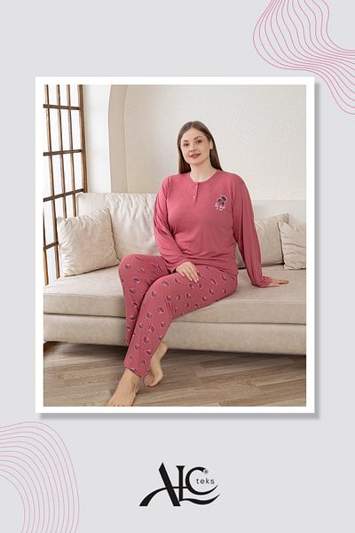Alcteks Large Size Pink Patterned Women's Pajamas |   100% Cotton, Long Sleeve Comfort