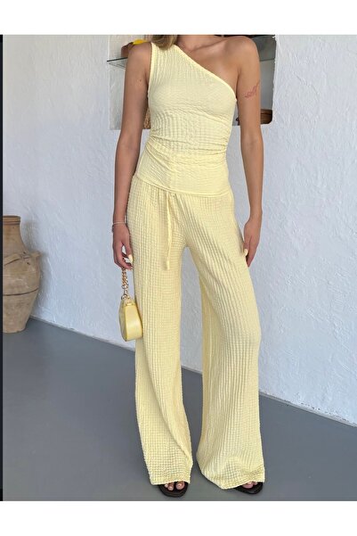 NATUFIAN STORE Women's Seersucker Single Sleeve Blouse Pants Set