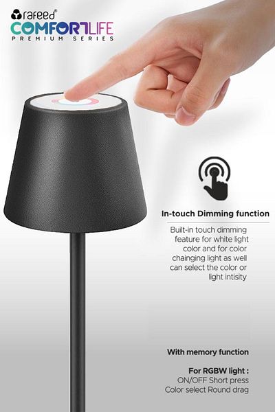 RAFEED 3W 3000K, RGB,  USB C Rechargeable Table Lamp, Dimmable, Black