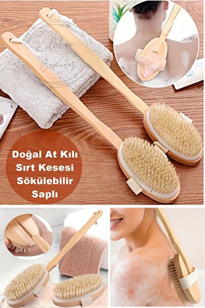 Kitchen Beauty Doğal At Kılı Banyo Sırt Kesesi Uzun Sökülebilir Saplı Yumuşak Fırçalı Doğal Kese Ahşap Saplı