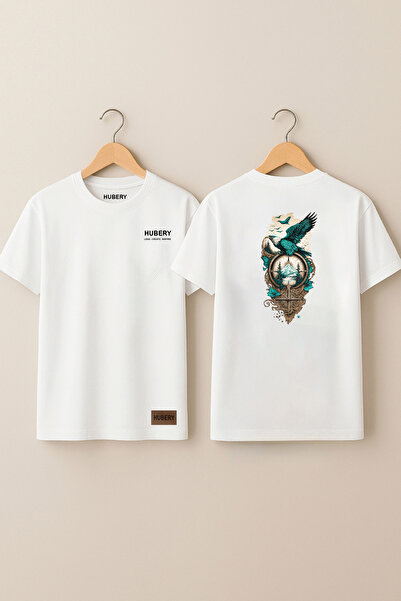 Rabia Yıldız تي شيرت رجالي مطبوع مريح - نمط بوصلة النسر HUBERY