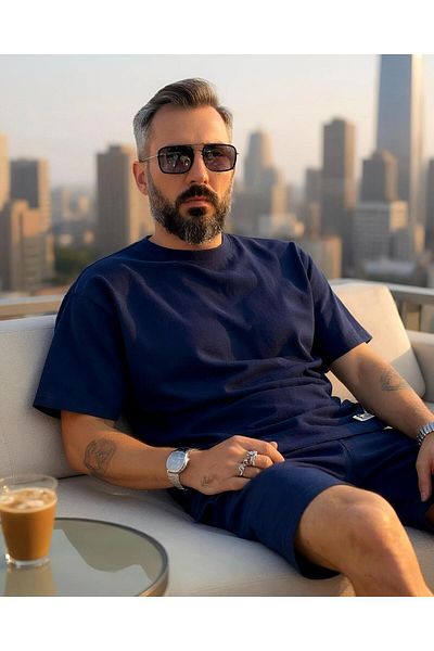 higo Waffle Fabric Oversize Men's T-Shirt & Shorts Set of Two