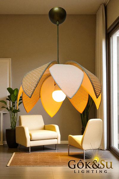 Göksu Lighting Rattan Propeller Model Pendant Lamp Chandelier Living Room Hall Entrance Kitchen