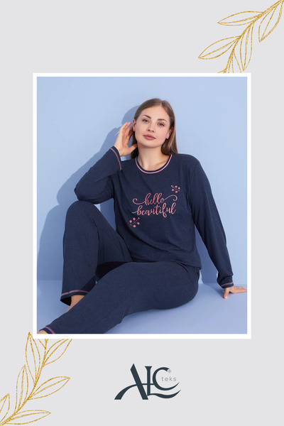 Alcteks طقم بيجامة نسائية مريحة مقاس كبير باللون الأزرق الداكن وأكمام طويلة