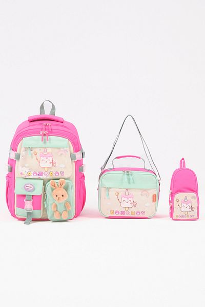 Roxbros Ice Cream Patterned 3-Piece Girl's School Bag Set - Pencil Holder and Thermal Nutrition Primary School Bag