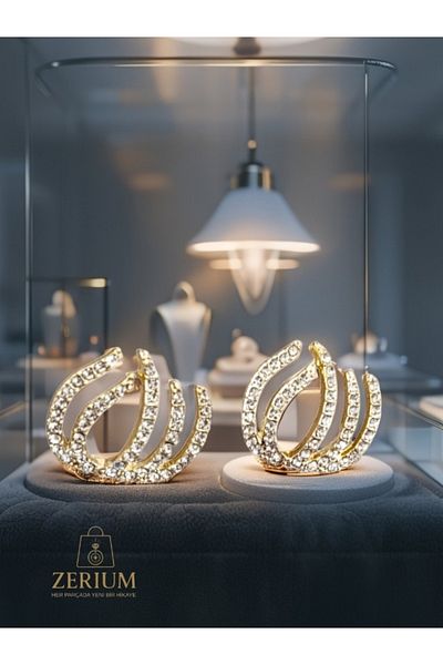 ZERİUM Gold Sparkling Modern Comb Earrings