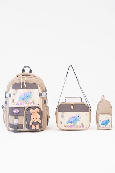 Roxbros 3-Piece Girls' School Bag Set with Turtle Figure - Primary School Backpack with Pen Holder and Nutrition