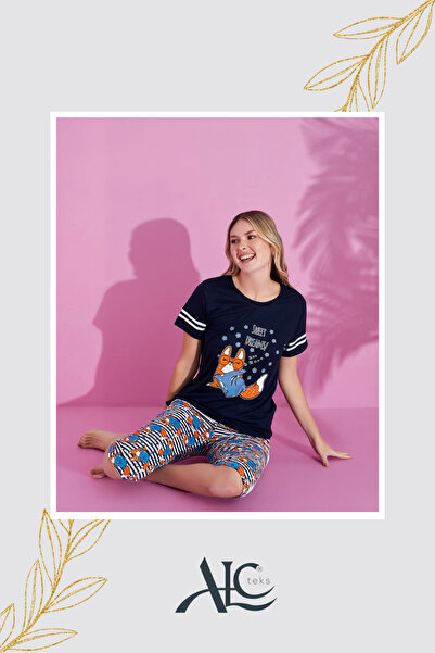 Alcteks طقم بيجامة نسائية خفيف للصيف: كابري بأكمام قصيرة - بلونين ونقشة