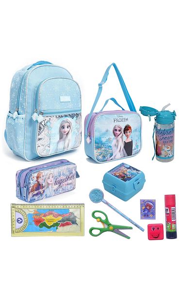 Frozen Elsa First School Bag Nutrition Water Bottle Pen Holder Container and Stationery Set 11 Pieces