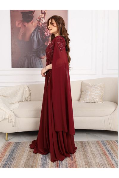 Nice Model Burgundy Sequined Cape Evening Gown Long Formal Dress Embellished Chiffon Party Wedding Guest