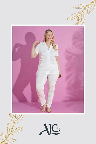 Alcteks Plus Size White Buttoned Cotton Summer Pajamas Set - 2-Piece Short Sleeve Striped Pajamas Set