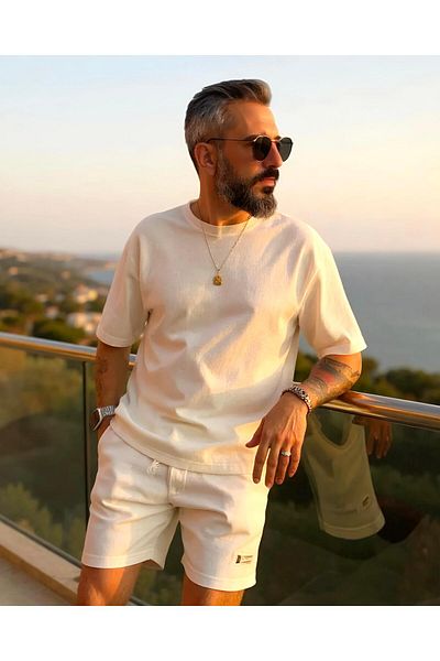 higo Waffle Fabric Oversize Men's T-Shirt & Shorts Set of Two