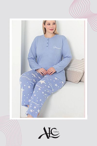 Alcteks 100% Cotton Large Size Seasonal 2-Piece Star Patterned Pajamas Set