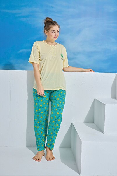 Alcteks Comfortable Summer Plus Size Women's Pajamas Set – Yellow Floral, Short Sleeve, Cotton 2-Piece Set