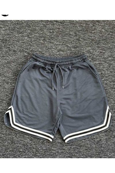 DWN WEAR Gray Striped Summer Shorts with Pockets and Elastic Waist