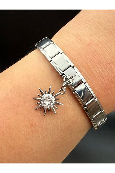 Snartun Zircon Stone Sun Themed Steel Charm and Italian Steel Bracelet I Special Boxed