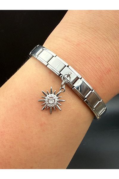 Snartun Zircon Stone Sun Themed Steel Charm and Italian Steel Bracelet I Special Boxed