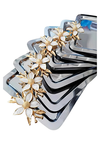 Yaren Style Lüx 6 Adet Büyük Zambak Aksesuarlı Çelik Kahve Sunum Tepsisi & Dekoratif, Çeyizlik Çay Tepsisi