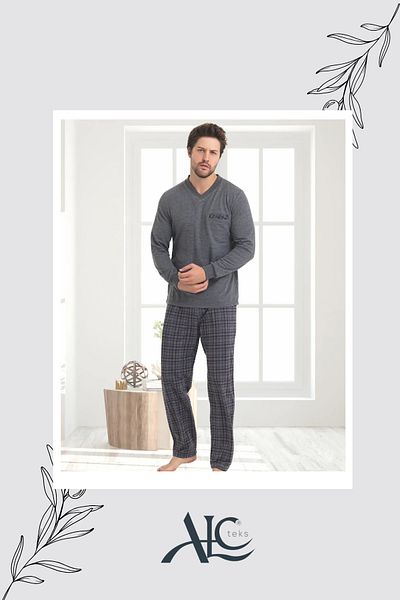 Alcteks Long Sleeve 100% Cotton Two Thread Men's Pajamas – V-Neck Set