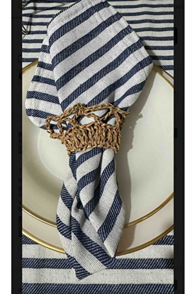 HOME ART ATELIER hand made 6'lı Doğal Keten Lacivert Çizgili Amerikan Servis ...