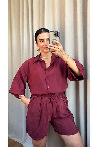 Butik BORDO TULİP GÖMLEK ŞORT TAKIM