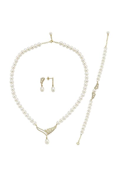 Birinci1926 14 Ayar Altın 7 Mm Yaprak Taşlı Doğal Inci Küpe Kolye Bileklik Üçlü Set