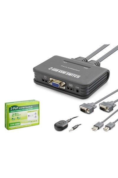 HADRON Hdx1362 Vga Kvm Switch 2 Console Built-In Wired 2 Vga Ports with Exter...
