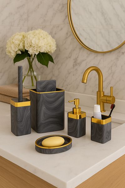 İmera Acrylic 5 Piece Square Bathroom Set Glossy Grey-gold