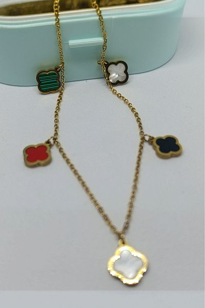 Birmem Gold Color Steel Clover Detailed Layered Necklace Set