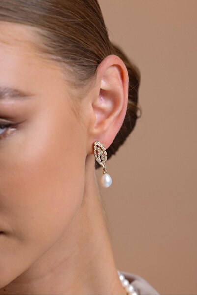 Birinci 14 Ayar Altın 9 mm Yaprak Taşlı Doğal İnci Küpe Kolye Bileklik Üçlü Set