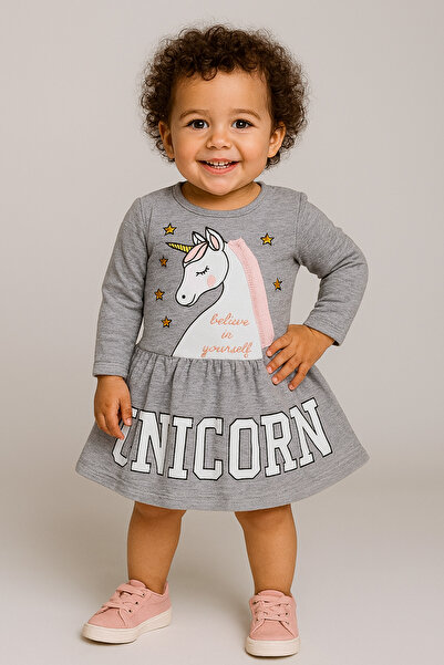 Mika Bebek & Çocuk Unicorn Desenli Kız Çocuk Gri Yazlık Elbise