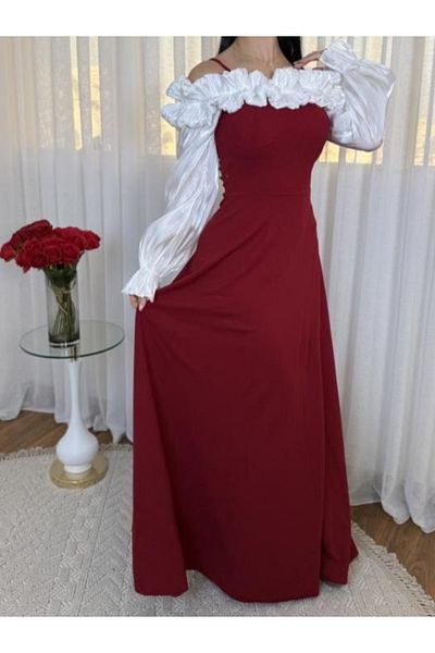 Nice Model Red Long Sleeve Evening Dress Elegant Formal Gown with Ruffles Women Party Wear