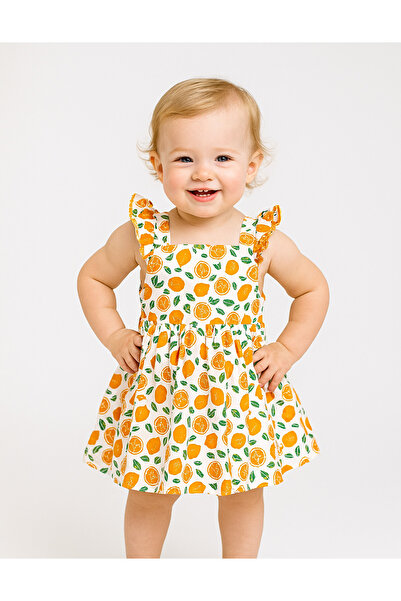 Mika Bebek & Çocuk Dar Kalıp Portakal Desenli Turuncu Beyaz Fırfırlı Kız Bebe...