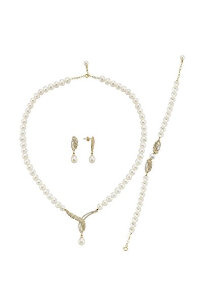 Birinci 14 Ayar Altın 9 mm Yaprak Taşlı Doğal İnci Küpe Kolye Bileklik Üçlü Set