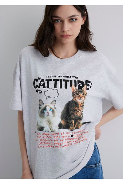 Mavi Cat Printed Gray T-Shirt Loose Fit / Loose Relaxed Cut 1613097 -88467