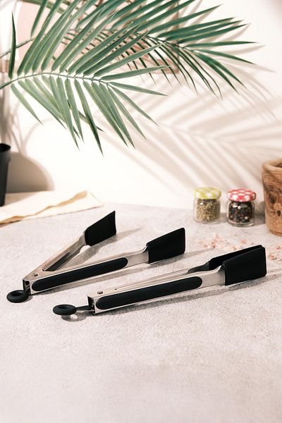 AYEM HOME Premium Silicone Tongs with Metal Handle Lock System – Black