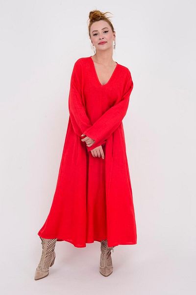 EREN STYLE Italian V-neck Long Sleeve Linen Dress