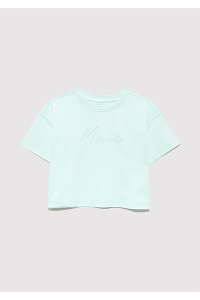Mavi Logo Printed Green Crop T-Shirt Loose Fit / Loose Relaxed Cut 7610181-71676