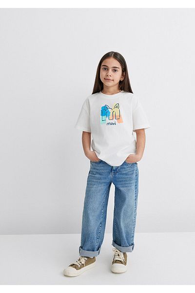 Mavi Ecru-T-Shirt mit Logo-Katze-Aufdruck, lockere Passform / lockere, entspannte Passform 7610339 -70057