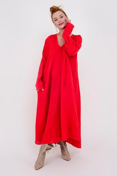 EREN STYLE Italian V-neck Long Sleeve Linen Dress