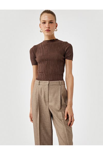 Koton Short Sleeve Crew Neck Gathered Textured Knit Sweater