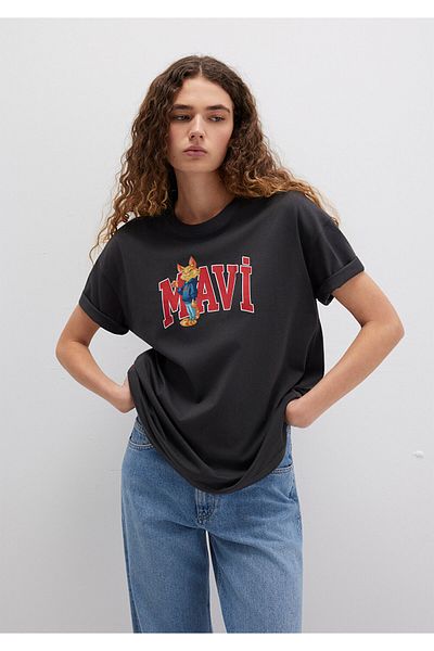 Mavi Cat Logo Printed Anthracite T-Shirt Loose Fit / Loose Relaxed Cut 1613285 -70087