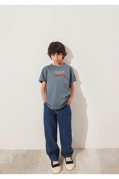 Mavi Graues T-Shirt mit Jeans-Print, lockere Passform / lockere, entspannte Passform 6610287 -80889