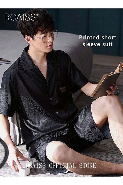 ROAISS 2 Piece Loungewear Set for Men Short Sleeves Shorts Ice Silk Pajamas Comfortable Pajama Set Skin Fri