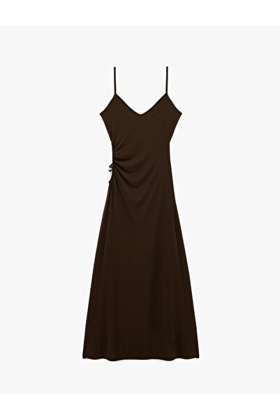 Koton Slim Fit Boncuk Detaylı Midi Boy İnce Askılı Pencere Detaylı Elbise